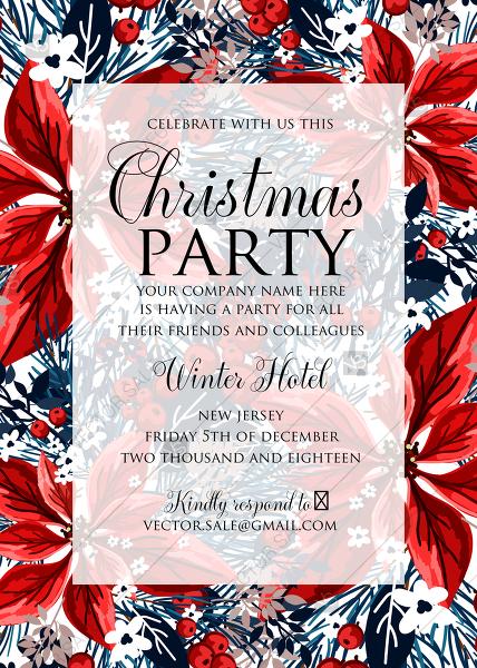Wedding - Christmas party invitation red poinsettia winter flower berry fir floral wreath PDF 5x7 in PDF maker