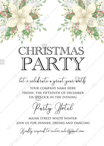 زفاف - Christmas Party invitation winter white poinsettia flower cranberry greenery PDF 5x7 PDF editor