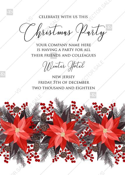 Wedding - Poinsettia fir winter Merry Christmas Party invitation card template PDF 5x7 in PDF template