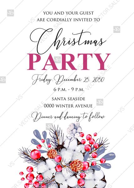 Wedding - Merry Christmas party Invitation Winter holiday floral wreath fir misletoe cranberry PDF 5x7 in edit online