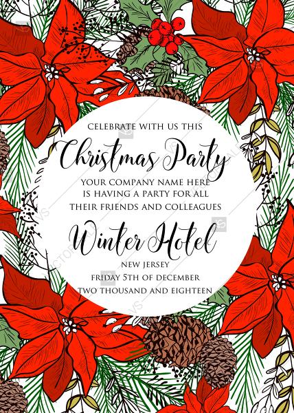 Wedding - Holiday Merry Christmas Party Invitation red poinsettia flower fir tree printable flyer PDF 5x7 in wedding invitation maker