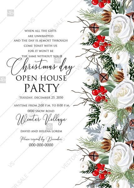 Wedding - Merry Christmas Party Invitation winter floral wreath fir white rose red berry PDF 5x7 in PDF editor