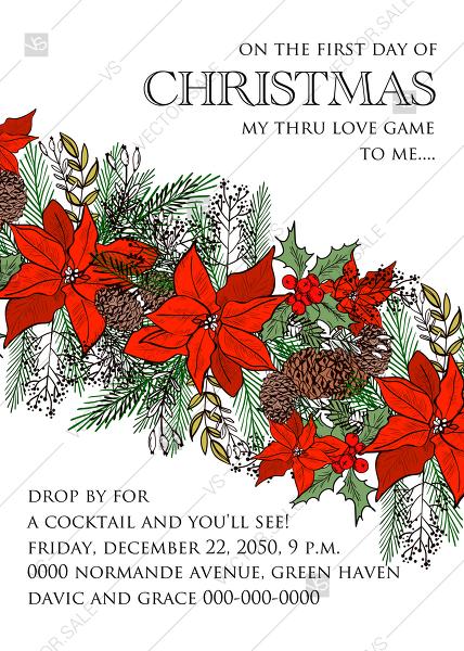 Wedding - Holiday Merry Christmas Party Invitation red poinsettia flower fir tree printable flyer PDF 5x7 in customizable template