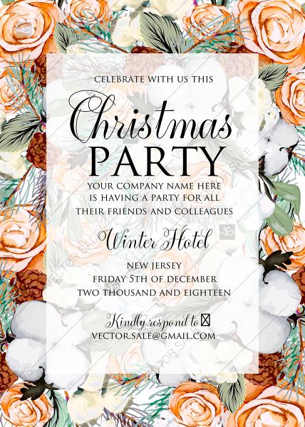 Wedding - Christmas Party Invitation cotton winter wedding invitation fir peach rose wreath PDF maker