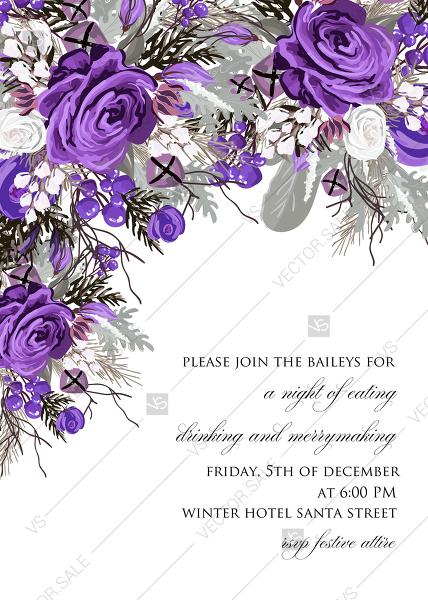 Wedding - Christmas party invitation wedding card violet rose fir berry winter floral wreath PDF 5x7 in customizable template