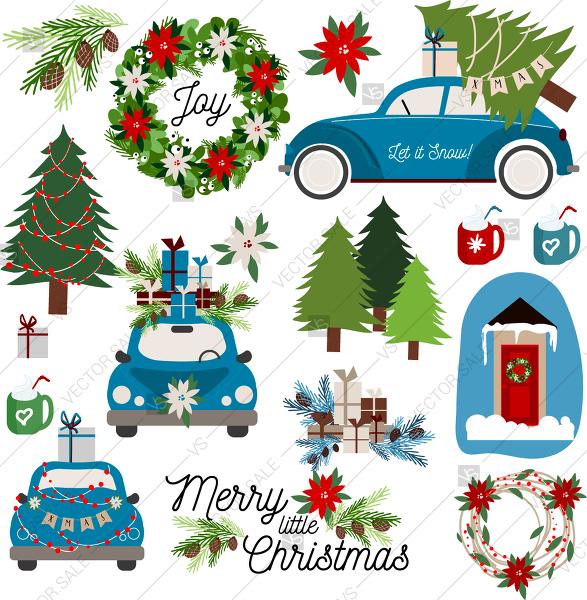 Mariage - Merry Christmas Tree On blue vw beetle Car Clipart winter holiday vectora elements decoration bouquet