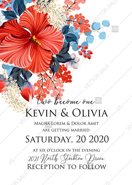 Wedding - Red Hibiscus wedding invitation tropical floral card template Aloha Lauu PDF 5x7 in wedding invitation maker
