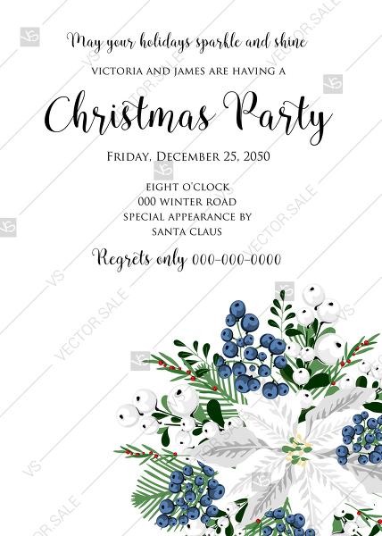 Wedding - White poinsettia flower berry invitation Christmas party flyer PDF 5x7 in instant maker