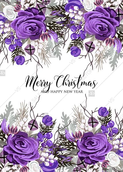 Wedding - Christmas party invitation wedding card violet rose fir berry winter floral wreath PDF 5x7 in invitation editor