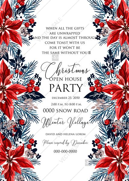 Wedding - Christmas party invitation red poinsettia winter flower berry fir floral wreath PDF 5x7 in edit online