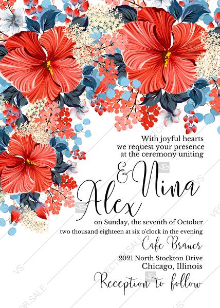 Wedding - Red Hibiscus wedding invitation tropical floral card template Aloha Lauu PDF 5x7 in online maker