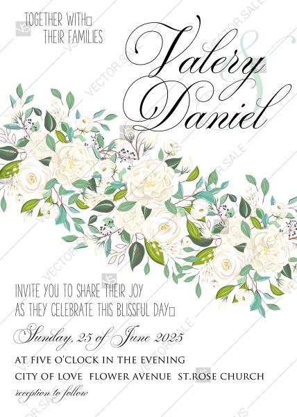 Mariage - Wedding invitation white rose flower card template PNG 5x7 in edit online