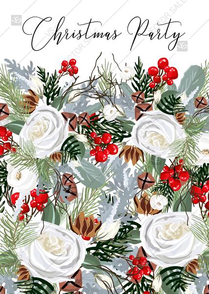 Wedding - Merry Christmas Party Invitation winter floral wreath fir white rose red berry PDF 5x7 in customizable template