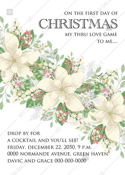 Mariage - Christmas Party invitation winter white poinsettia flower cranberry greenery PDF 5x7 edit template
