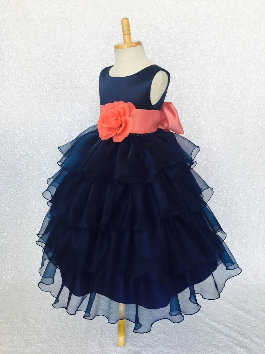 Wedding - Sleeveless Navy Organza Ruffle Dress Coral  Photoshoot Birthday Recital Graduation Bridesmaid Sizes S M L XL 2 4 6 8 10 12 14 16 Flower Girl