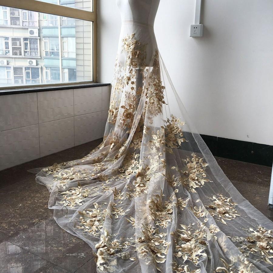 زفاف - Rhinestone Beaded Lace Gauze Blossom Flower Embroider Lace Fabric for Evening Gown Wedding  Dress 55 inches Width Sold by 1 yard