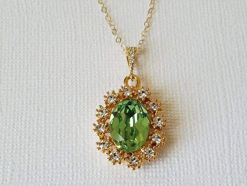 Wedding - Green Halo Crystal Necklace, Swarovski Peridot Gold Necklace, Green Oval Pendant, Wedding Bridal Jewelry, Bridal Party Gift, Prom Necklace