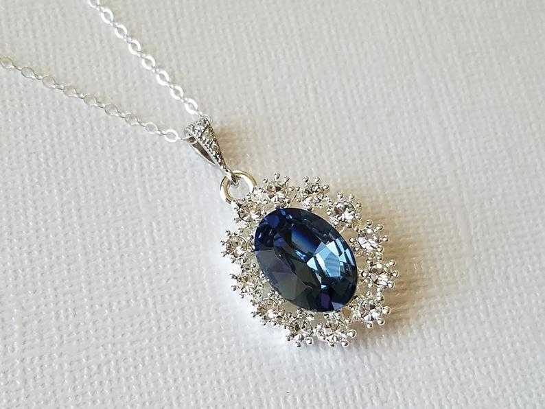 زفاف - Blue Halo Crystal Necklace, Swarovski Denim Blue Silver Pendant, Blue Oval Bridal Necklace, Wedding Jewelry, Bridal Party Gift, Prom Jewelry