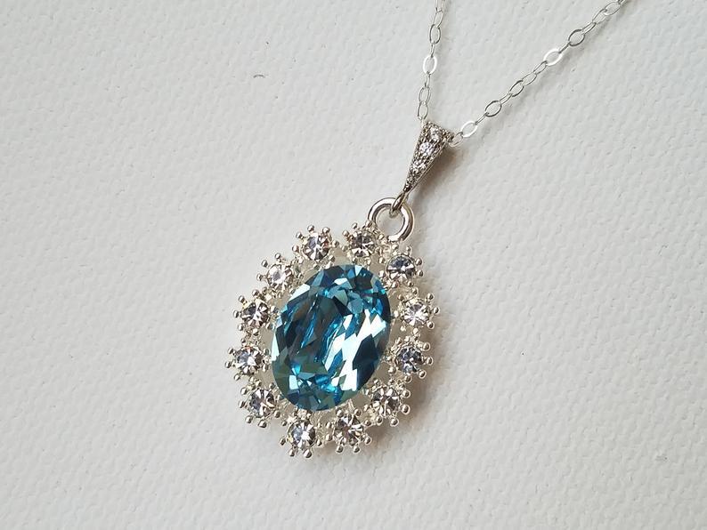زفاف - Aquamarine Silver Crystal Necklace, Wedding Aqua Blue Necklace, Blue Halo Oval Pendant, Bridal Necklace, Bridal Party Gift, Wedding Jewelry