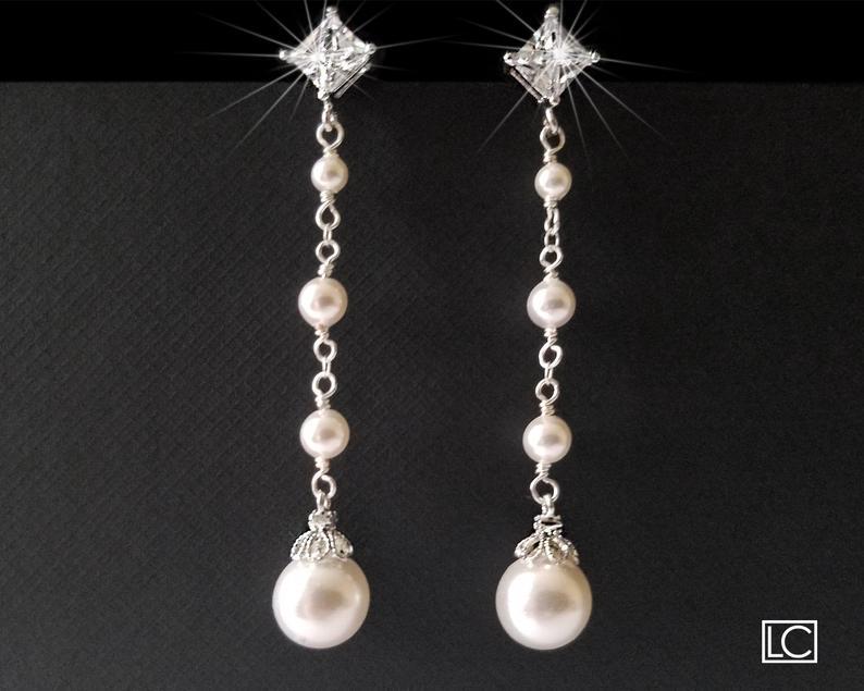 زفاف - Pearl Bridal Earrings, Wedding Earrings, Swarovski White Pearl Drop Silver Earrings, Dainty Pearl Dangle Earrings, Pearl Bridal Jewelry