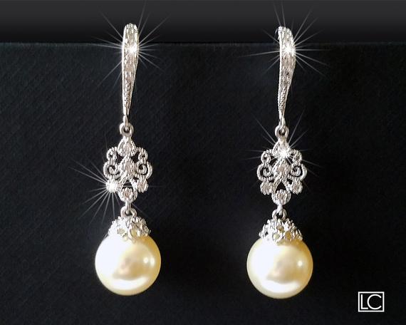 زفاف - Bridal Pearl Chandelier Earrings, Wedding Earrings, Swarovski 10mm Ivory Pearl Silver Earrings, Pearl Drop Dangle Earrings, Bridal Jewelry