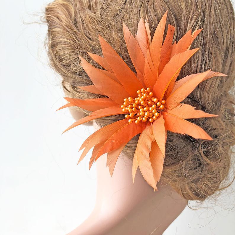 Hochzeit - Handmade Orange Fascinator Flower Beaded Feather Flower Trim Accents for Millinery Hat Prom Headband Color Customized