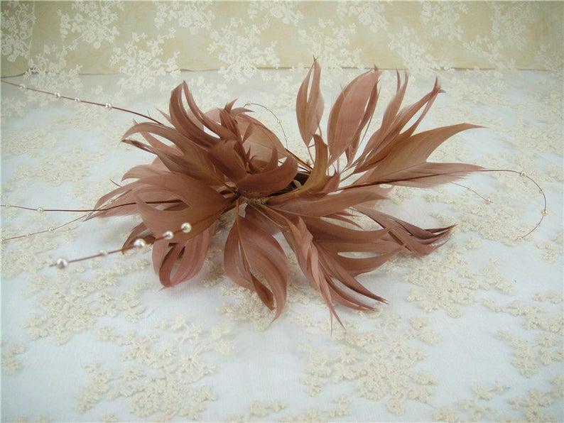 Wedding - Feather Trim for Hat with Mount, Flexible Feather Flowers with Pearl Handmade Feather Crafts for Party Costume Ball Christmas 1 Piece