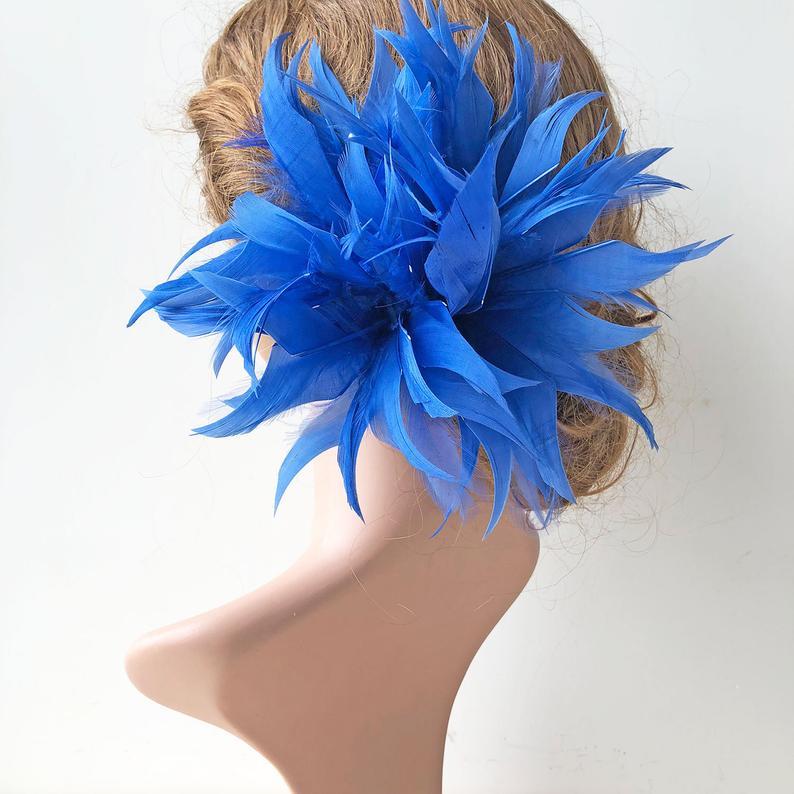 Mariage - Custom to Order Sapphire Blue Fascinator Feather Flower Floral Arrangement Millinery Feather Trims Accents for Derby Races Wedding Day