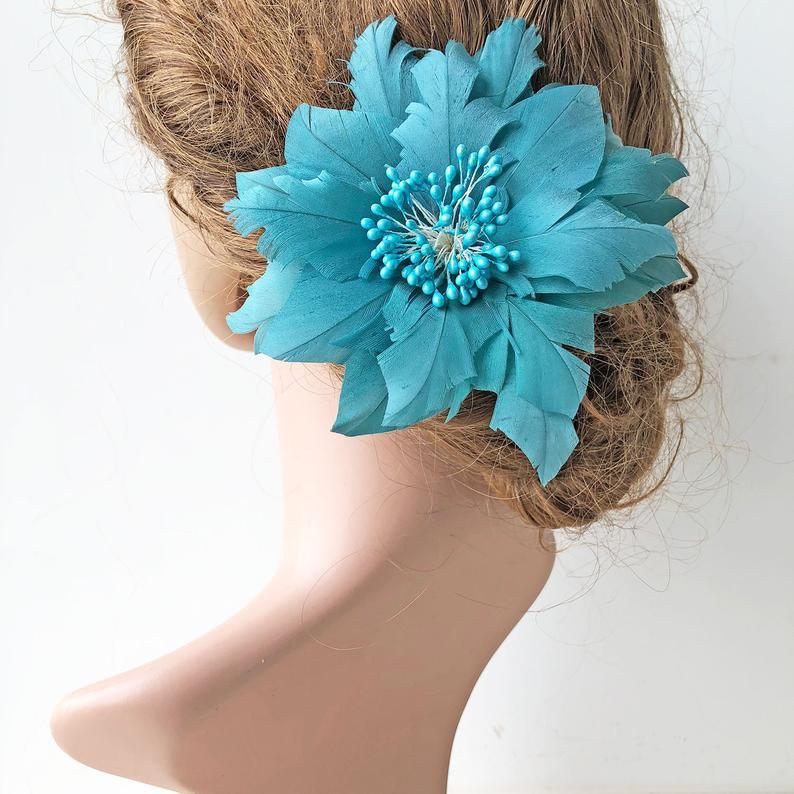 Hochzeit - Peacock Fascinator Flower with Beaded Details Feather Floral Arrangement Accents for Millinery Hat Prom Headband Color Customized