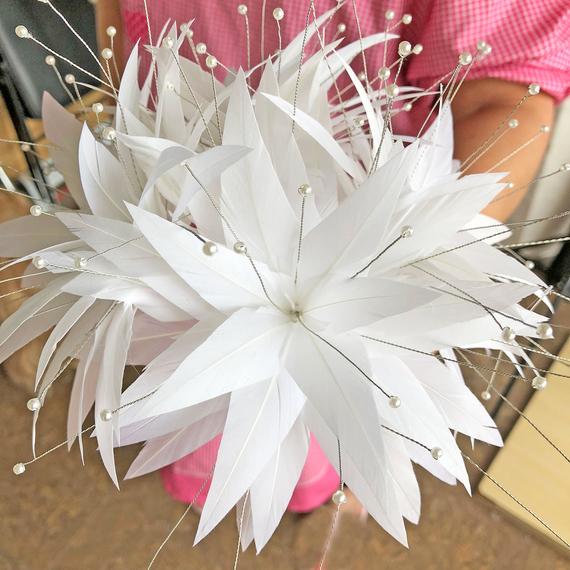 Wedding - Customized White Beaded Feather Flower Millinery Hat Addition Handmade Fascinators Feather Embellishment for Wedding Prom Party