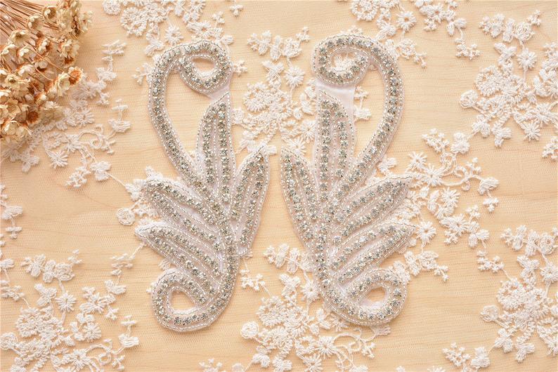 Wedding - Iron On Floral Diamante Crystal Applique, Rhinestone Bridal wedding applique, pearl beaded applique 1 pair for Jeans T shirt Dance Costumes
