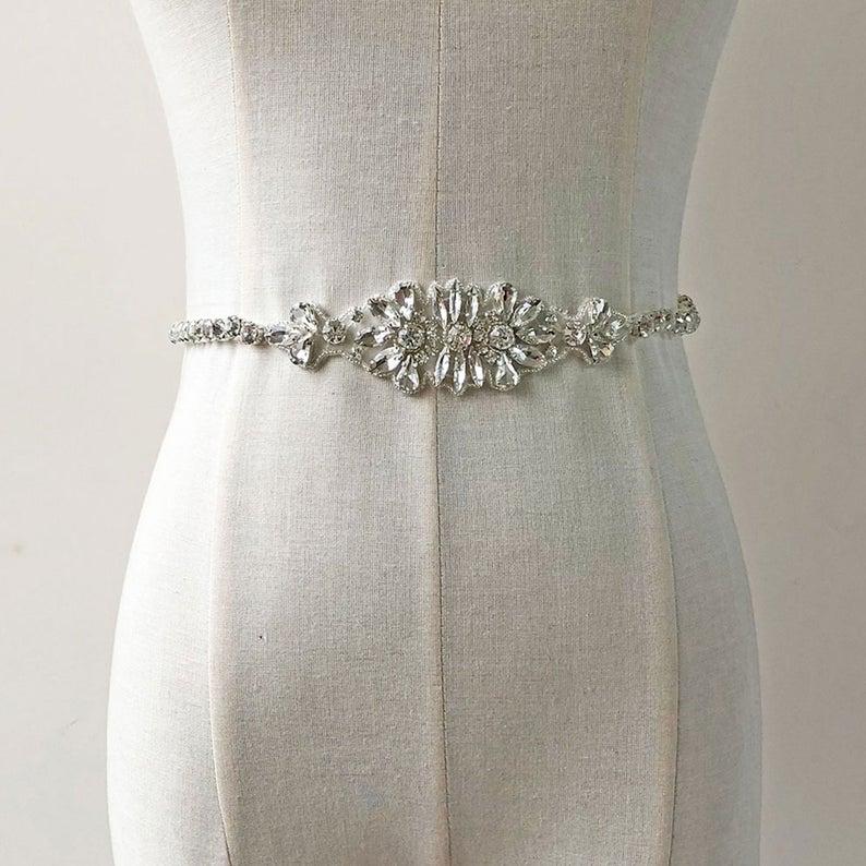 Свадьба - Sparkling Bridal Sash Belt Applique,Clear Rhinestone Belt,Iron on Diamante Bling Accent for Wedding Dresses,Prom Gown