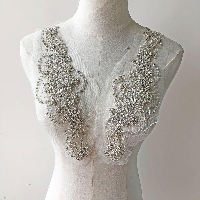زفاف - Shine Rhinestone Crystal appliques with Lace Backing Pearl Detailing Stitch Sashes Trims for Wedding Dresses Belt Bridal Cover up