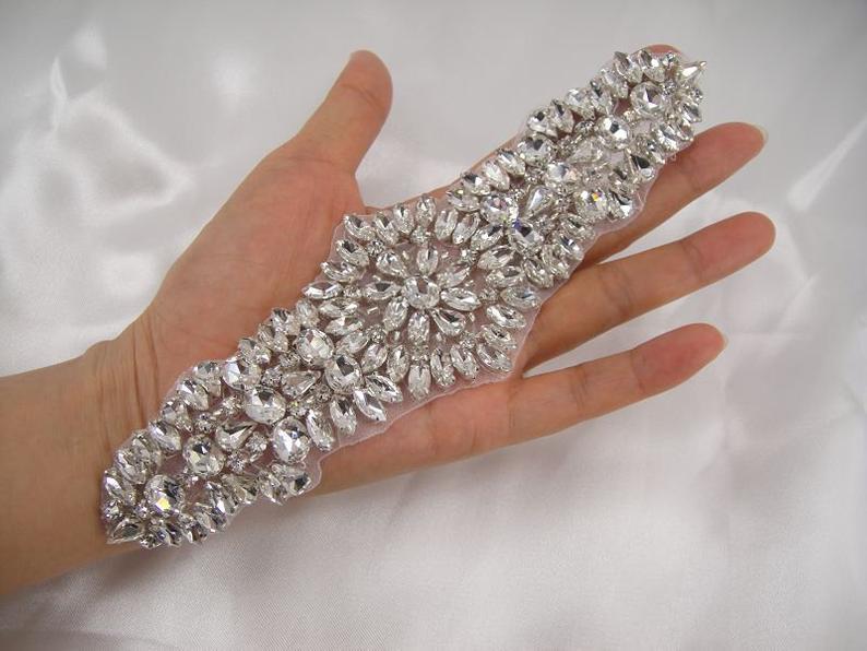 Wedding - Shine Rhinestone Applique Hot Fixed Glue Backing Crystal Trim Stitch Patch for Wedding Dress Belt Dance Costumes Ribbon
