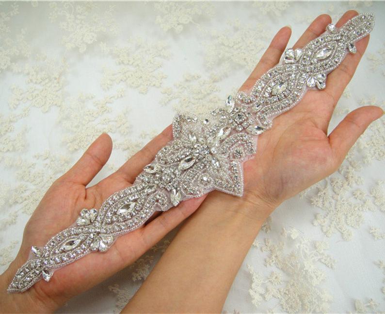 Mariage - Wedding Rhinestone applique Bridal Satin Ribbon Applique,Crystal Diamante Pearl Addition for Bridal Sash Belt , Dress belt