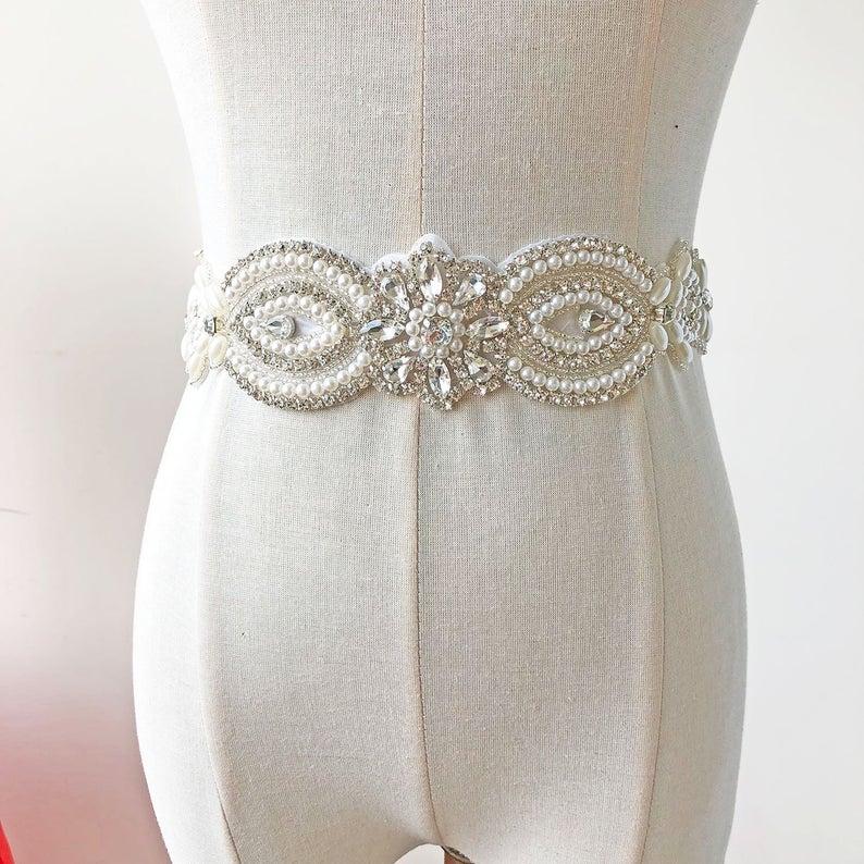 Wedding - Iron on Crystal Pearl Applique Rhinestone Appliques Embellishment Sash Trims Bling up for Wedding Dresses Formal Gown
