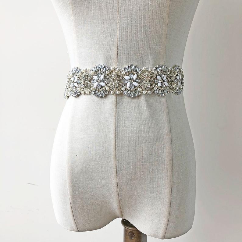Wedding - Length Custom Rhinestones bridal Sash applique Trims with Crystal Pearl Detailing Hot Fixed Jewel for Wedding Dress Prom Gown Belt