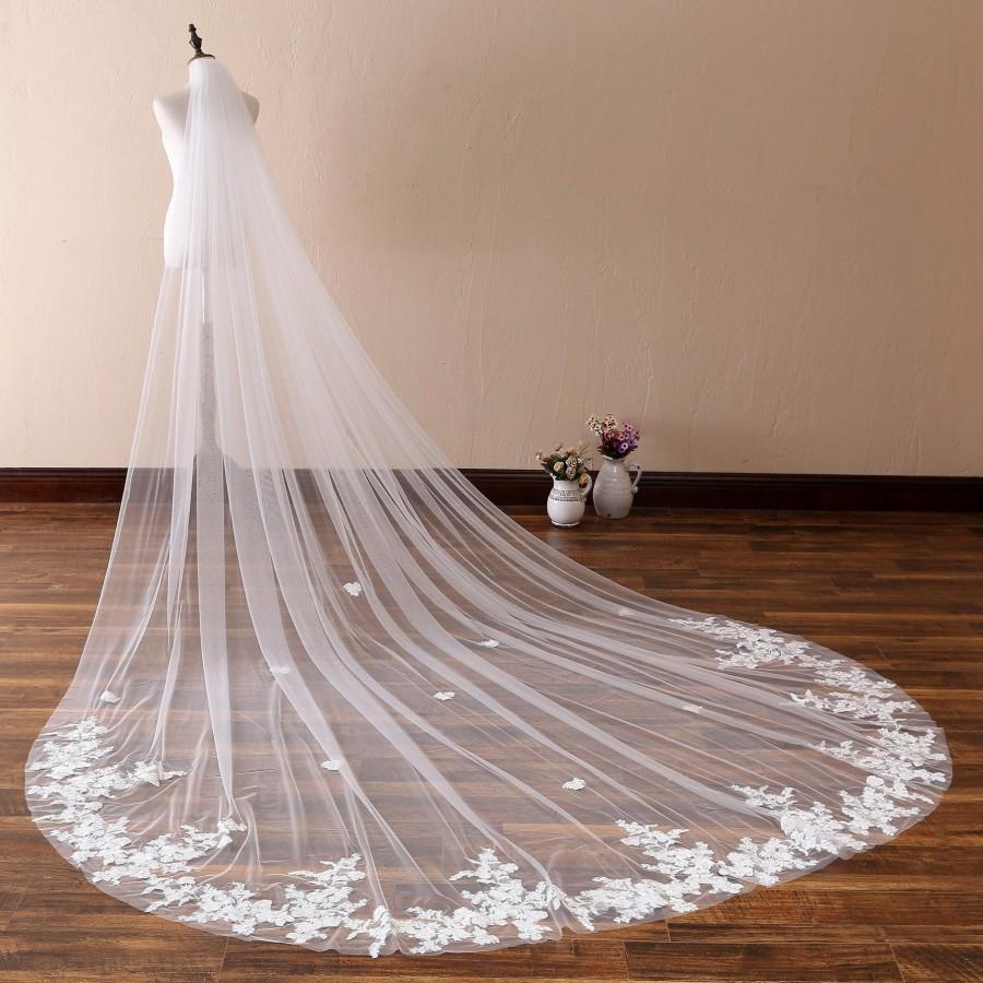 Hochzeit - Vintage Lace Wedding Veil,Cathedral Wedding Veil,Bridal Veil lace on bottom,Floral Lace Wedding Veil Romantic Soft Chapel Veil Plain Edge 1T