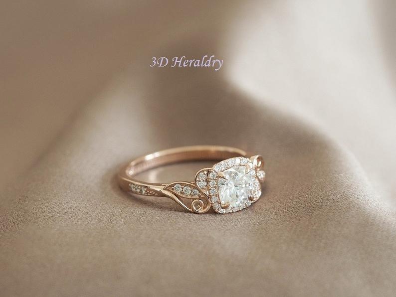 زفاف - Moissanite engagement ring, Forever one Charles & Colvard cushion cut moissanite and natural diamonds engagement ring in 14k gold
