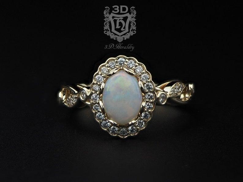 Wedding - Opal ring, Opal engagement ring with natural diamonds made with your choice of solid 14k yellow, white, or rose gold