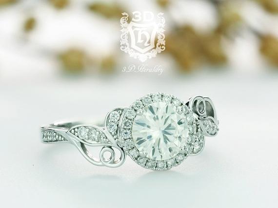 زفاف - Round Engagement ring, Floral engagement ring with Moissanite and natural diamonds made with 14k white gold