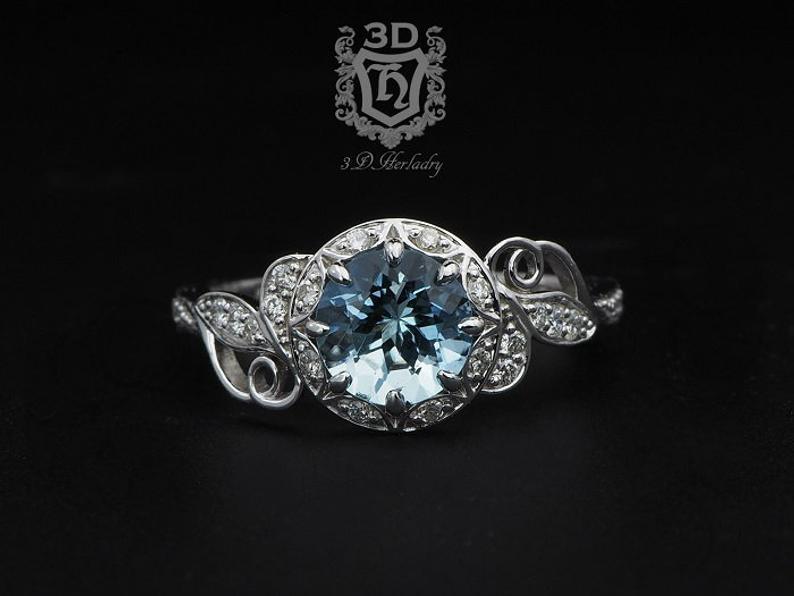 Wedding - Aquamarine Engagement ring, Floral engagement ring with natural diamonds made with your choice of 14k white gold, yellow, or rose gold