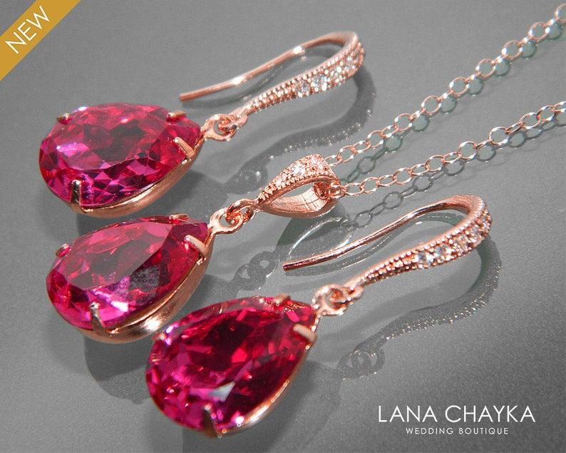 Wedding - Fuchsia Rose Gold Jewelry Set, Hot Pink Earrings&Necklace Crystal Set, Swarovski Fuchsia Pink Gold Jewelry, Prom Jewelry Begonia Bridesmaids