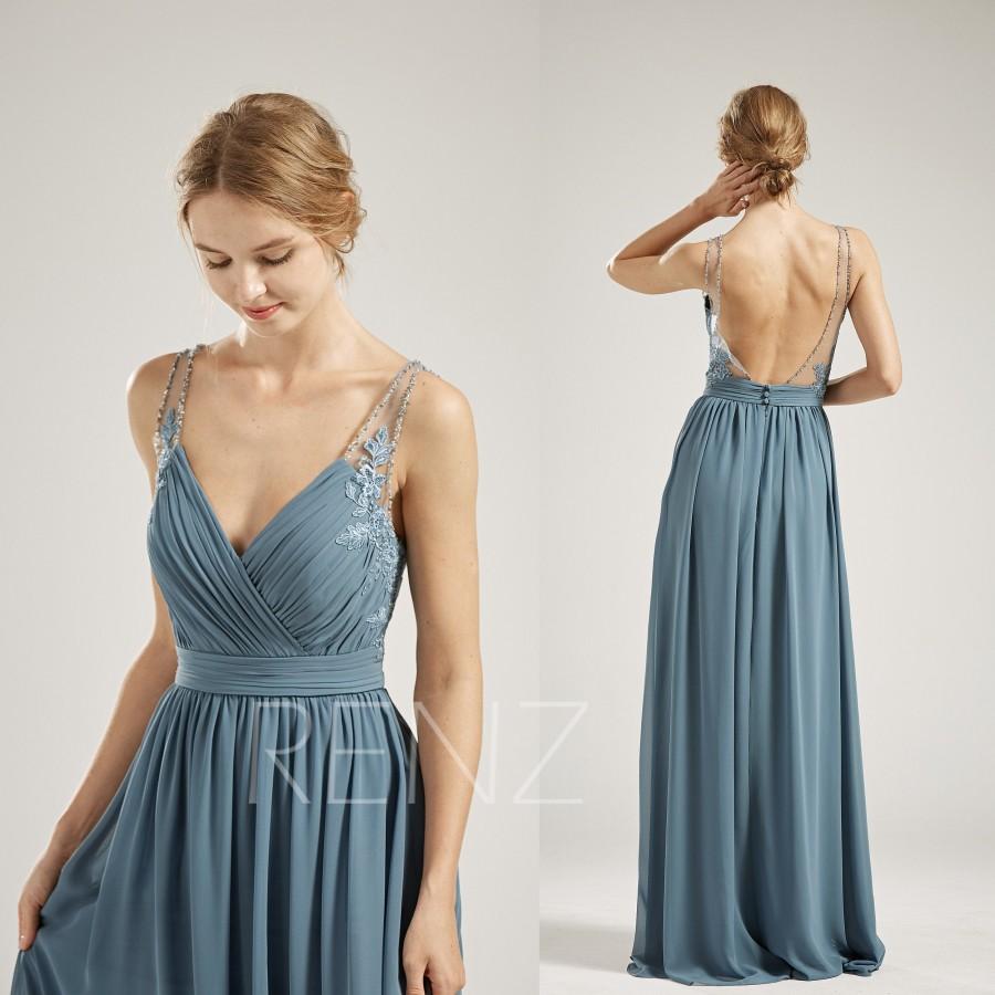 Hochzeit - Party Dress Steel Blue Chiffon Bridesmaid Dress Lace Ruched V Neck Beaded Wedding Dress Long Illusion Backless A-line Prom Dress (L621)