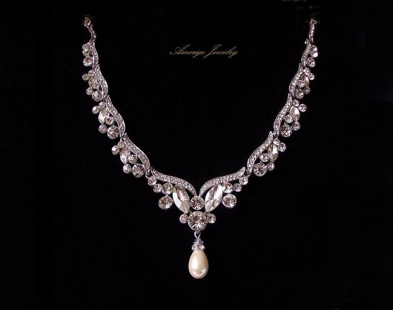 زفاف - Crystal bridal necklace art deco wedding necklace and earrings set rhinestone and pearl bridal jewelry set silver crystal necklace for bride