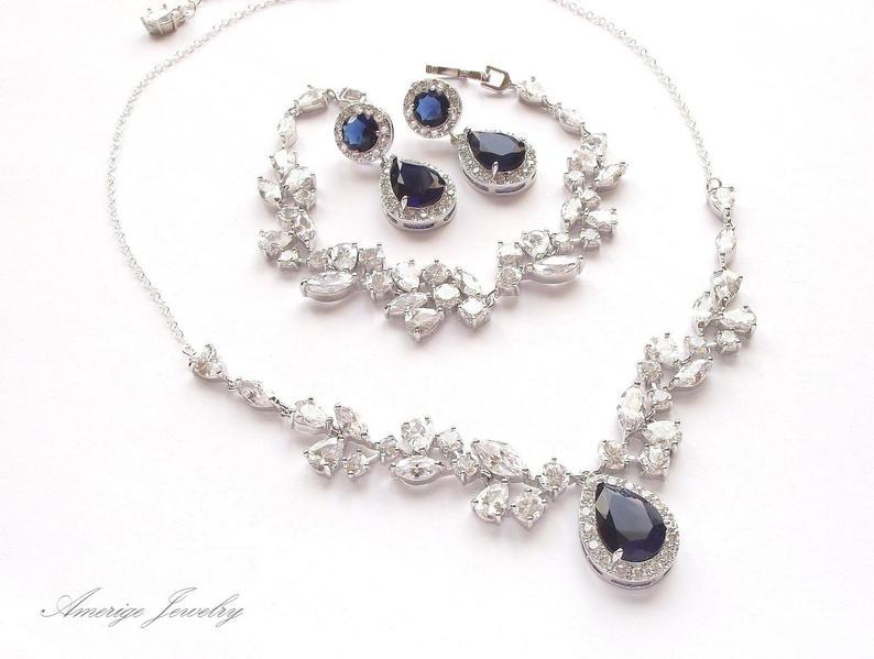 Mariage - saphire bridal necklace set, blue sapphire wedding necklace, sapphire bridal jewelry set, blue wedding jewelry set, sapphire jewelry set cz