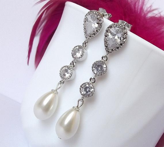 Mariage - Long bridal earrings, pearl drop earrings, wedding crystal & pearl earrings, bridal jewelry, pearl wedding earrings, cz bridesmaid earrings