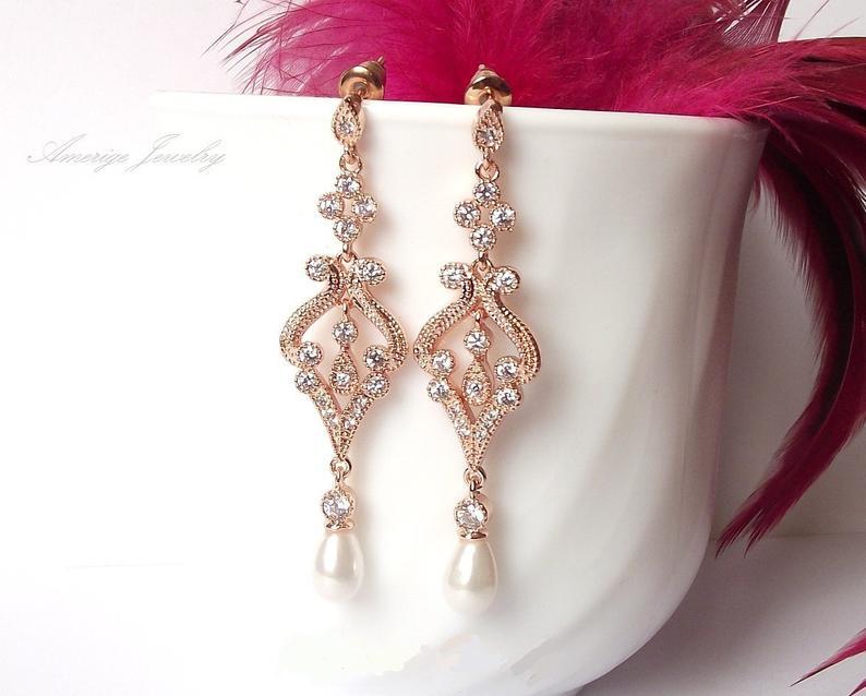 Hochzeit - Rose gold bridal pearl earrings wedding chandelier earrings rose gold & pearl bridal earrings rose gold wedding earrings crystal earrings