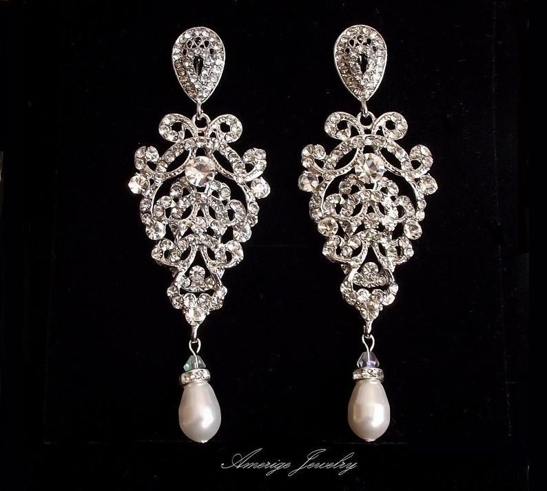 Mariage - silver crystal earrings, wedding earrings, rhinestone & pearl earrings, bridal earrings, chandelier earrings, vintage wedding earings pearl