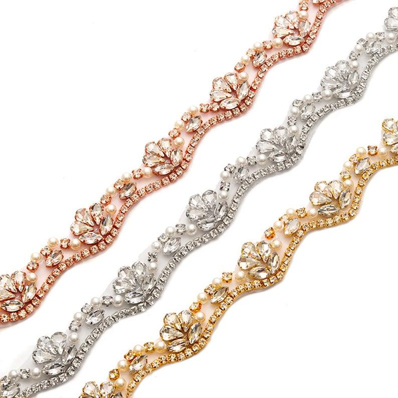 Mariage - Rose Gold Bridal Applique Rhinestone Wedding Applique Hot Fixed Sash Belt Embellishment Bling Accents for Dress Satin Belt